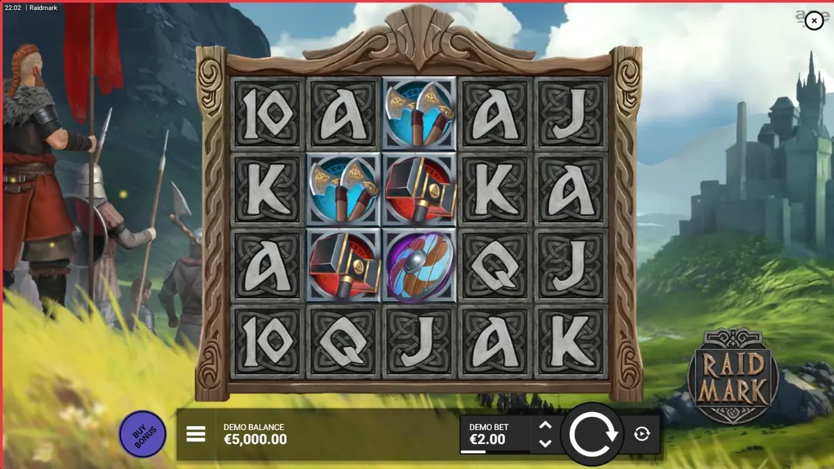 Tampilan visual slot Raidmark dengan tema Viking yang epik dan gulungan yang dihiasi rune.