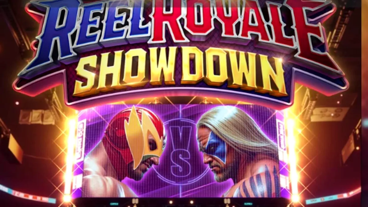 Aksi dramatis di atas ring gulat dalam permainan slot Reel Royale Showdown