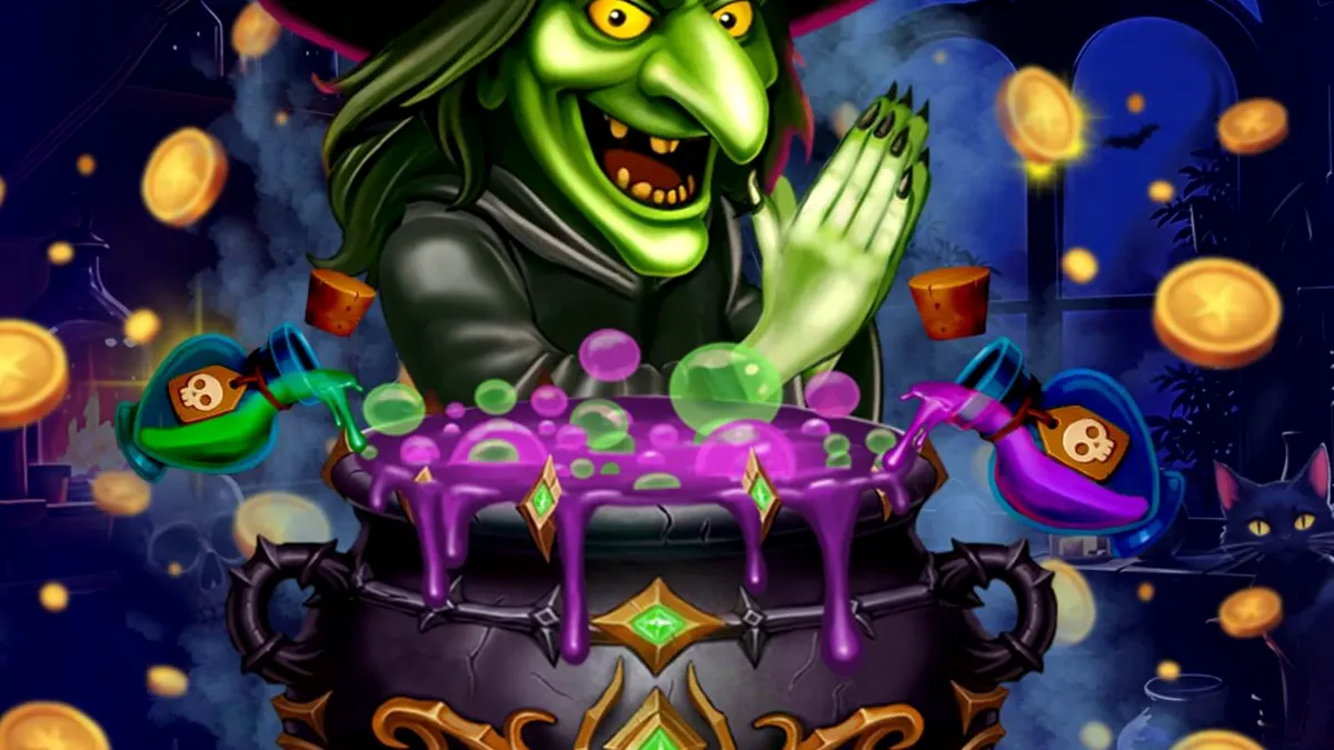 Tampilan antarmuka slot Witches’ Fortune: Hold & Win di perangkat seluler