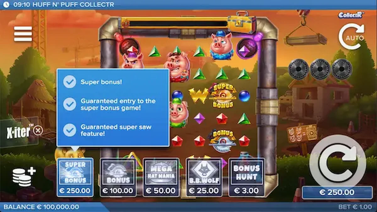 Tampilan visual slot Huff N' Puff CollectR dengan tema babi dan serigala