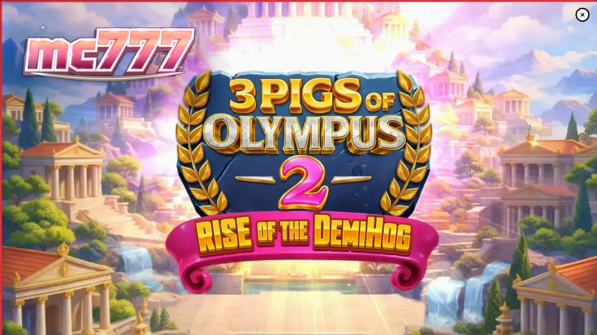Tampilan visual slot 3 Pigs of Olympus 2 dengan nuansa mitologi Yunani dan karakter babi pahlawan.